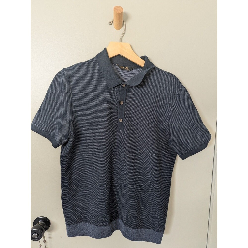 Rhone Mens Navy Black Textured Knit Short Sleeve Polo Shirt Medium